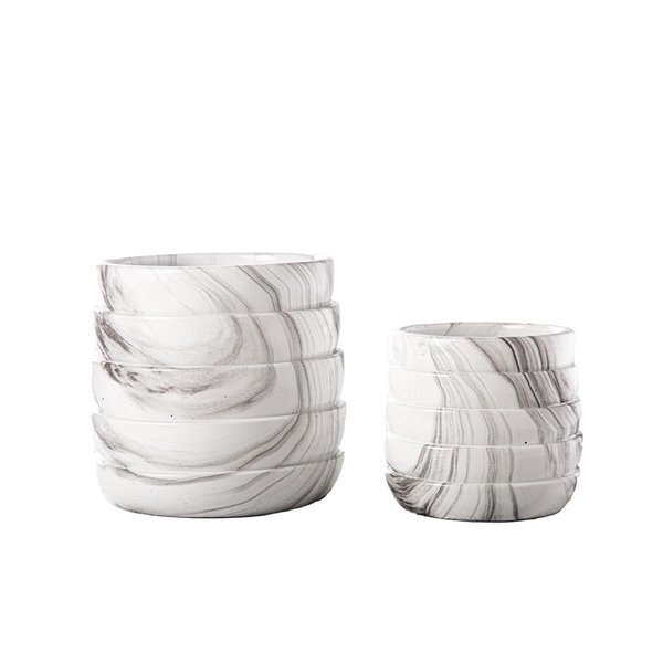 Urban Trends Collection Cement Round Pot with Layered Pattern  Seamless Overlay Design Body White Set of 2 19306